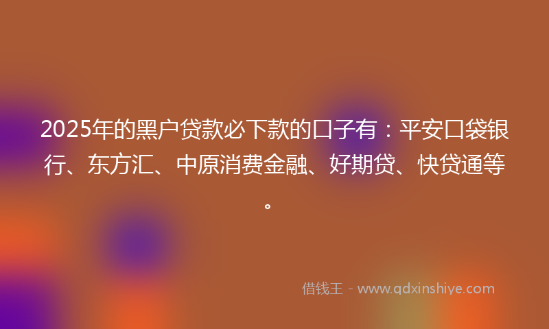 2025年的黑户贷款必下款的口子有：平安口袋银行、东方汇、中原消费金融、好期贷、快贷通等。
