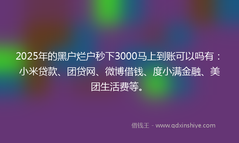 2025年的黑户烂户秒下3000马上到账可以吗有：小米贷款、团贷网、微博借钱、度小满金融、美团生活费等。
