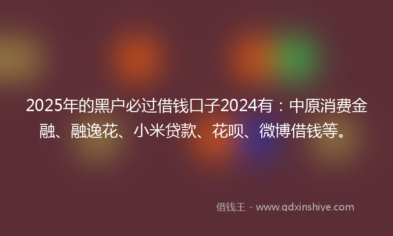 2025年的黑户必过借钱口子2024有：中原消费金融、融逸花、小米贷款、花呗、微博借钱等。