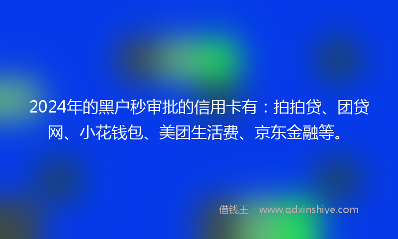 2024年的黑户秒审批的信用卡有：拍拍贷、团贷网、小花钱包、美团生活费、京东金融等。