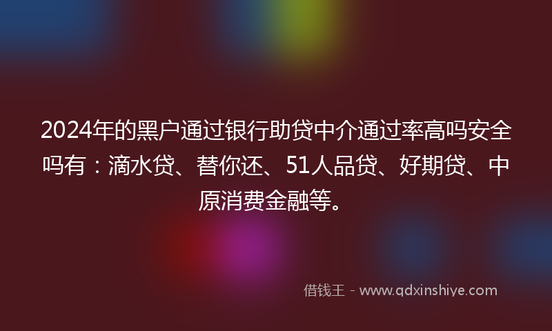 2024年的黑户通过银行助贷中介通过率高吗安全吗有：滴水贷、替你还、51人品贷、好期贷、中原消费金融等。