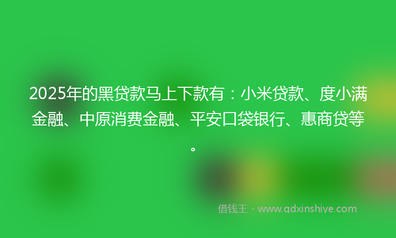 2025年的黑贷款马上下款有：小米贷款、度小满金融、中原消费金融、平安口袋银行、惠商贷等。