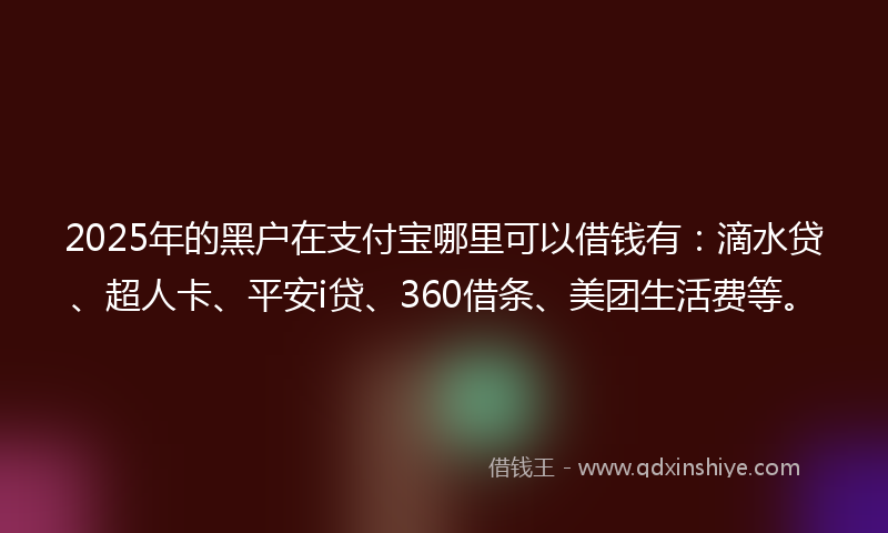 2025年的黑户在支付宝哪里可以借钱有：滴水贷、超人卡、平安i贷、360借条、美团生活费等。