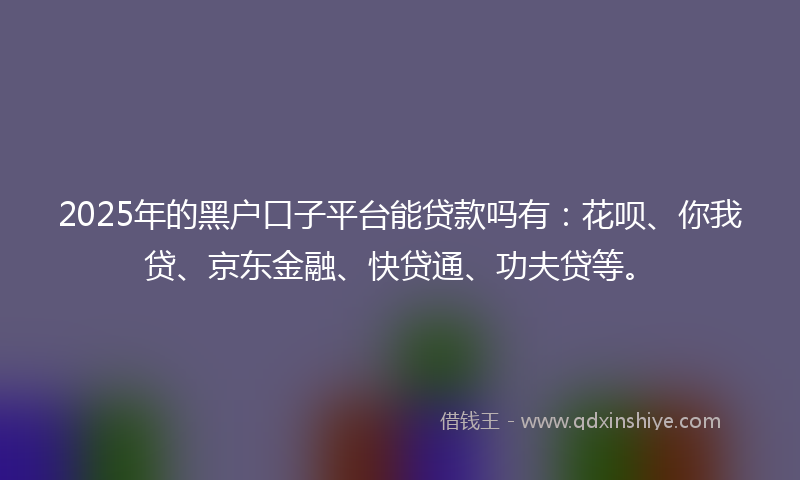 2025年的黑户口子平台能贷款吗有：花呗、你我贷、京东金融、快贷通、功夫贷等。