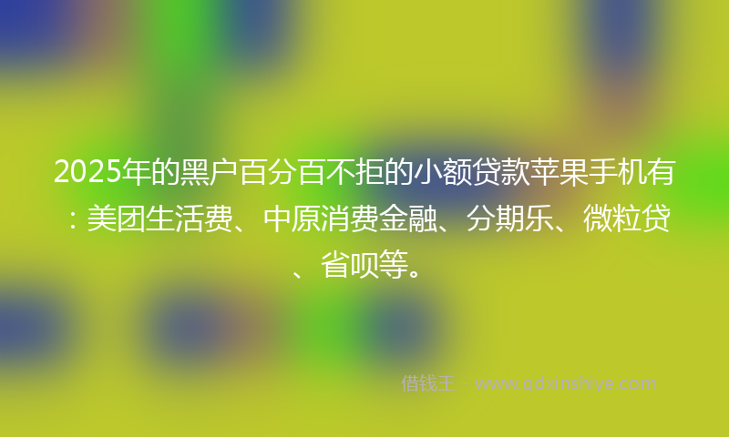 2025年的黑户百分百不拒的小额贷款苹果手机有：美团生活费、中原消费金融、分期乐、微粒贷、省呗等。