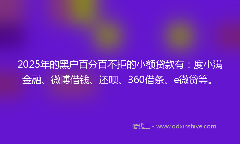 2025年的黑户百分百不拒的小额贷款有：度小满金融、微博借钱、还呗、360借条、e微贷等。