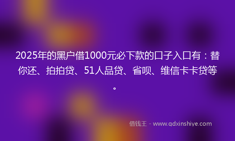 2025年的黑户借1000元必下款的口子入口有：替你还、拍拍贷、51人品贷、省呗、维信卡卡贷等。