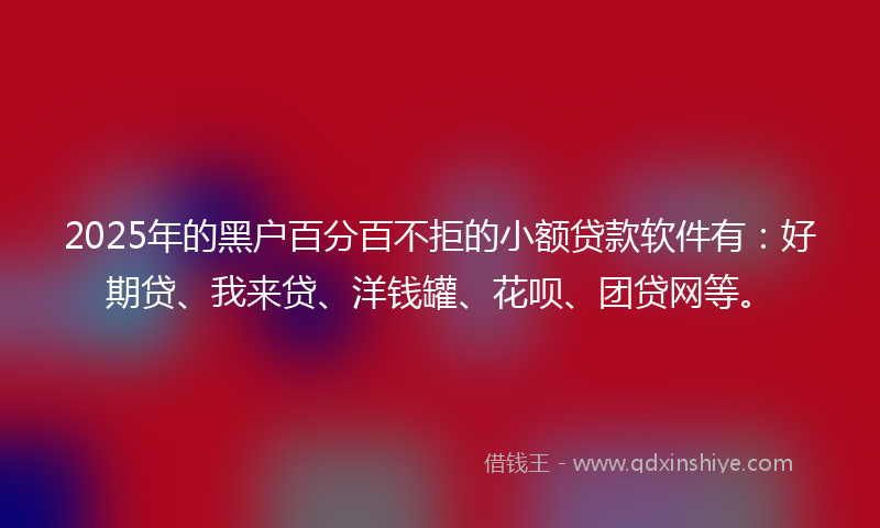 2025年的黑户百分百不拒的小额贷款软件有：好期贷、我来贷、洋钱罐、花呗、团贷网等。