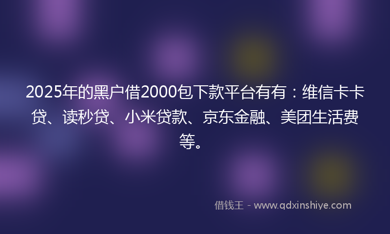 2025年的黑户借2000包下款平台有有：维信卡卡贷、读秒贷、小米贷款、京东金融、美团生活费等。