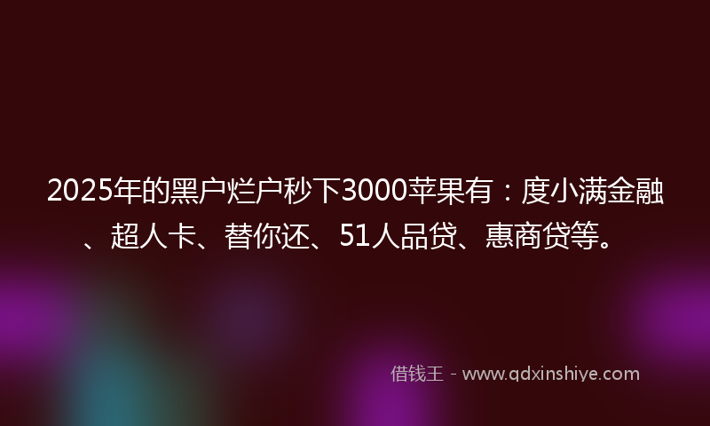 2025年的黑户烂户秒下3000苹果有：度小满金融、超人卡、替你还、51人品贷、惠商贷等。