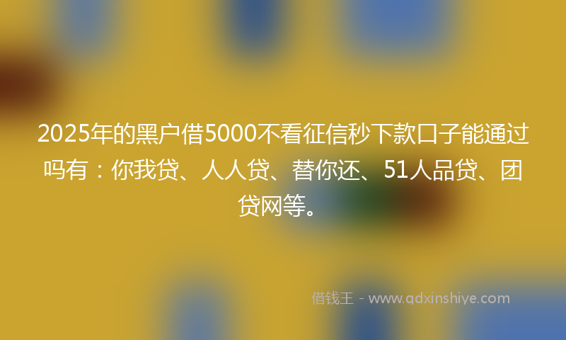2025年的黑户借5000不看征信秒下款口子能通过吗有：你我贷、人人贷、替你还、51人品贷、团贷网等。