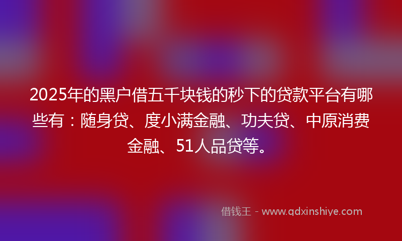 2025年的黑户借五千块钱的秒下的贷款平台有哪些有：随身贷、度小满金融、功夫贷、中原消费金融、51人品贷等。