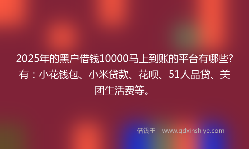 2025年的黑户借钱10000马上到账的平台有哪些?有：小花钱包、小米贷款、花呗、51人品贷、美团生活费等。
