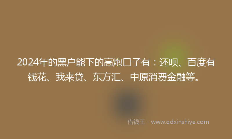 2024年的黑户能下的高炮口子有：还呗、百度有钱花、我来贷、东方汇、中原消费金融等。
