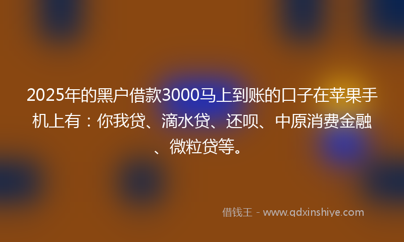 2025年的黑户借款3000马上到账的口子在苹果手机上有：你我贷、滴水贷、还呗、中原消费金融、微粒贷等。