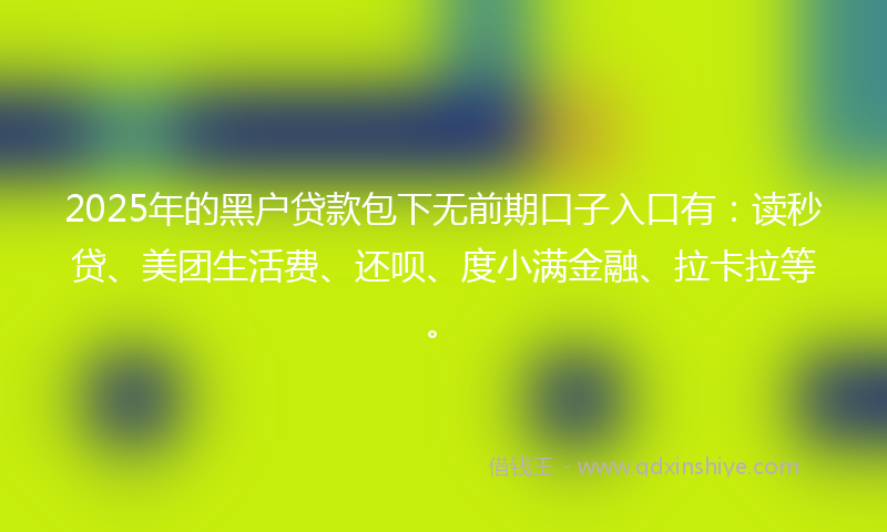 2025年的黑户贷款包下无前期口子入口有：读秒贷、美团生活费、还呗、度小满金融、拉卡拉等。