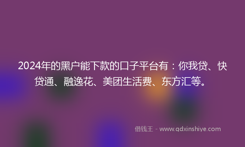 2024年的黑户能下款的口子平台有：你我贷、快贷通、融逸花、美团生活费、东方汇等。