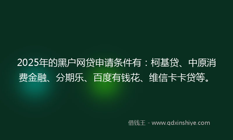 2025年的黑户网贷申请条件有：柯基贷、中原消费金融、分期乐、百度有钱花、维信卡卡贷等。
