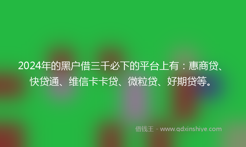 2024年的黑户借三千必下的平台上有：惠商贷、快贷通、维信卡卡贷、微粒贷、好期贷等。