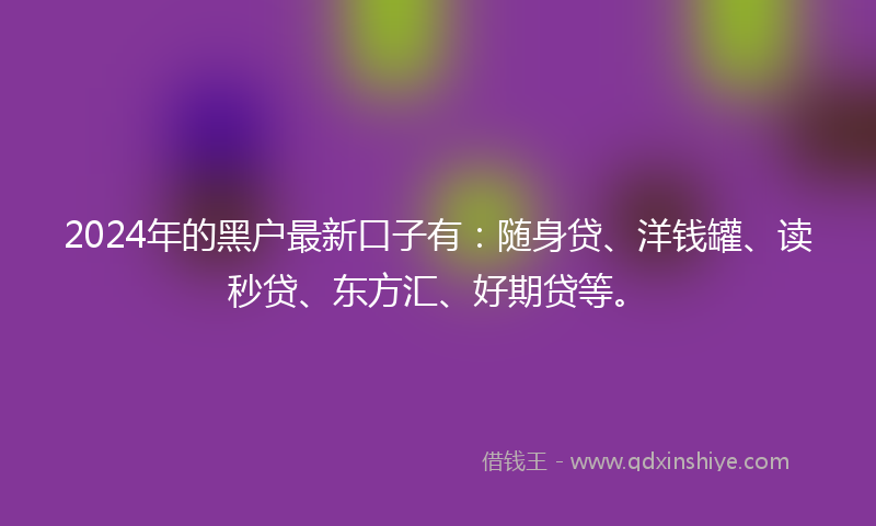 2024年的黑户最新口子有：随身贷、洋钱罐、读秒贷、东方汇、好期贷等。