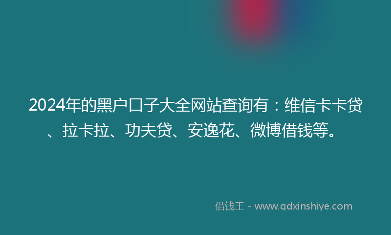 2024年的黑户口子大全网站查询有：维信卡卡贷、拉卡拉、功夫贷、安逸花、微博借钱等。