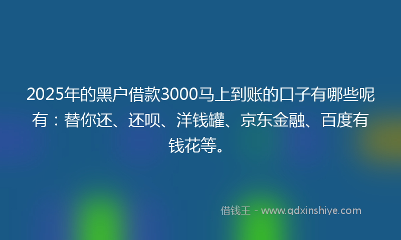 2025年的黑户借款3000马上到账的口子有哪些呢有：替你还、还呗、洋钱罐、京东金融、百度有钱花等。