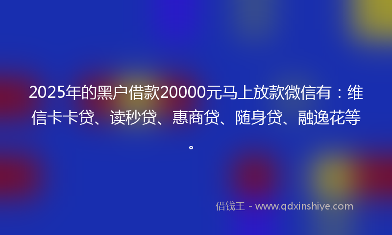 2025年的黑户借款20000元马上放款微信有：维信卡卡贷、读秒贷、惠商贷、随身贷、融逸花等。