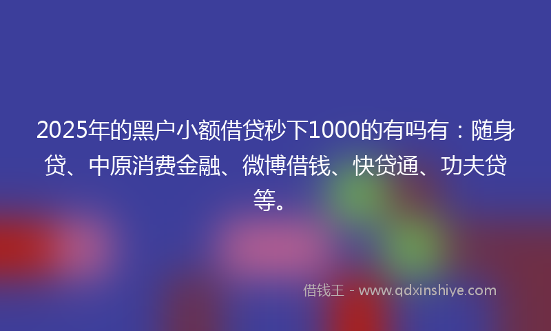 2025年的黑户小额借贷秒下1000的有吗有：随身贷、中原消费金融、微博借钱、快贷通、功夫贷等。