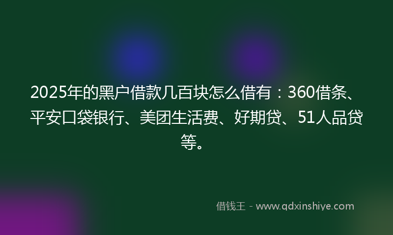 2025年的黑户借款几百块怎么借有：360借条、平安口袋银行、美团生活费、好期贷、51人品贷等。