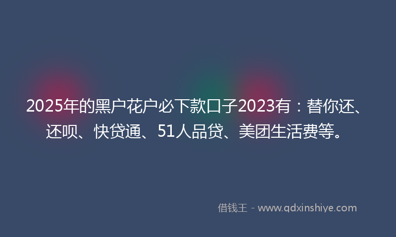 2025年的黑户花户必下款口子2023有：替你还、还呗、快贷通、51人品贷、美团生活费等。