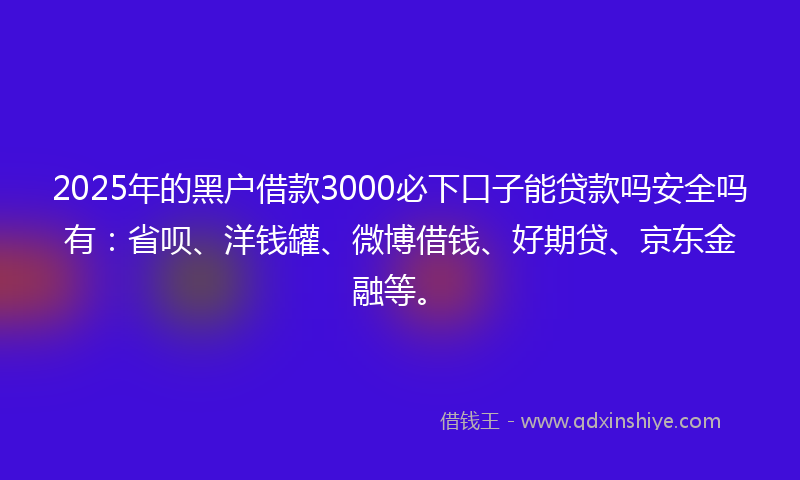 2025年的黑户借款3000必下口子能贷款吗安全吗有：省呗、洋钱罐、微博借钱、好期贷、京东金融等。