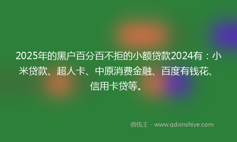 2025年的黑户百分百不拒的小额贷款2024有：小米贷款、超人卡、中原消费金融、百度有钱花、信用卡贷等。