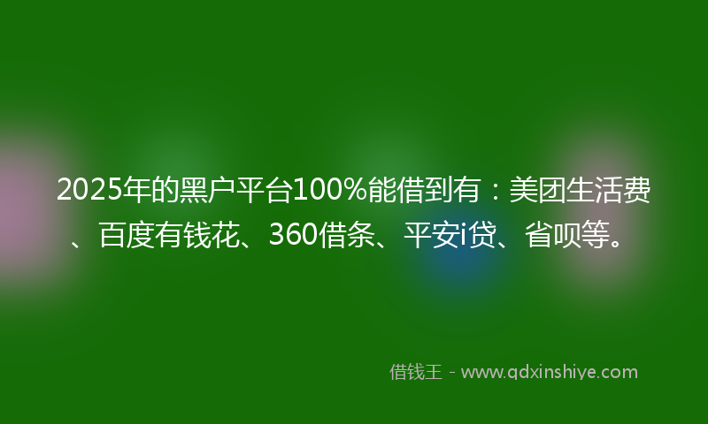 2025年的黑户平台100%能借到有：美团生活费、百度有钱花、360借条、平安i贷、省呗等。