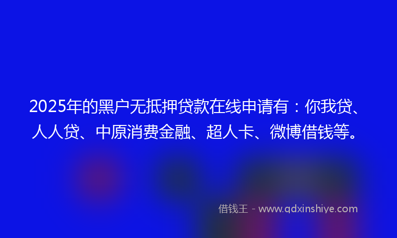 2025年的黑户无抵押贷款在线申请有：你我贷、人人贷、中原消费金融、超人卡、微博借钱等。