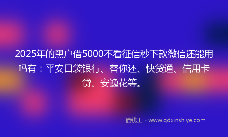 2025年的黑户借5000不看征信秒下款微信还能用吗有：平安口袋银行、替你还、快贷通、信用卡贷、安逸花等。