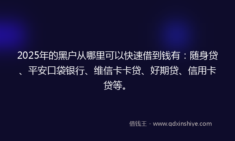 2025年的黑户从哪里可以快速借到钱有：随身贷、平安口袋银行、维信卡卡贷、好期贷、信用卡贷等。