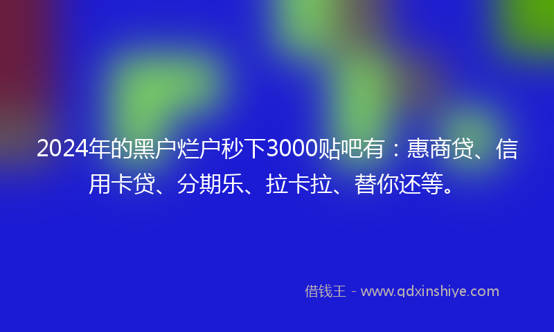 2024年的黑户烂户秒下3000贴吧有：惠商贷、信用卡贷、分期乐、拉卡拉、替你还等。