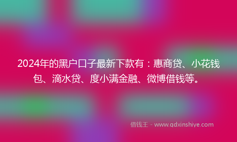 2024年的黑户口子最新下款有：惠商贷、小花钱包、滴水贷、度小满金融、微博借钱等。