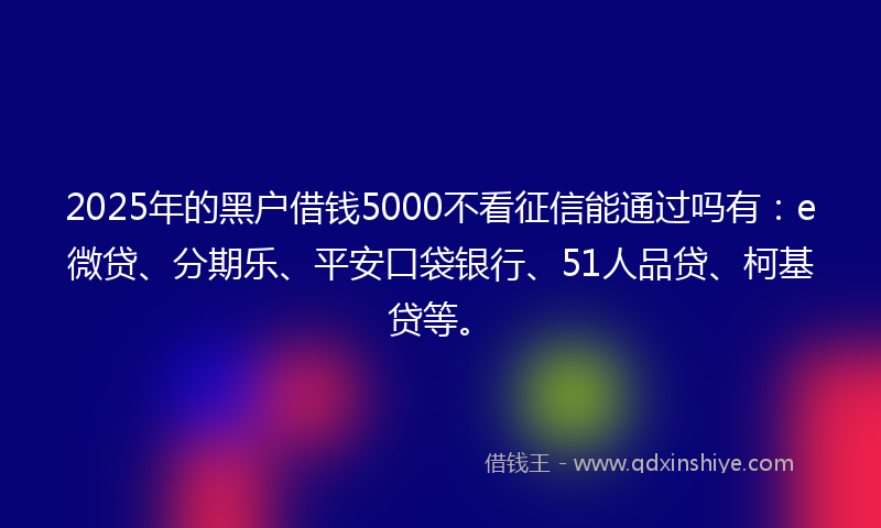 2025年的黑户借钱5000不看征信能通过吗有：e微贷、分期乐、平安口袋银行、51人品贷、柯基贷等。