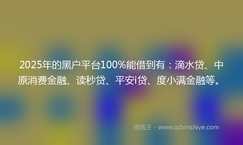 2025年的黑户平台100%能借到有：滴水贷、中原消费金融、读秒贷、平安i贷、度小满金融等。