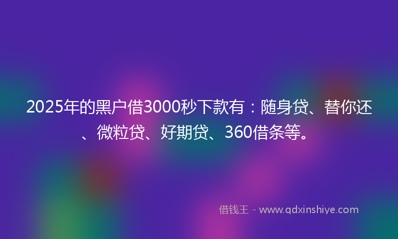 2025年的黑户借3000秒下款有：随身贷、替你还、微粒贷、好期贷、360借条等。