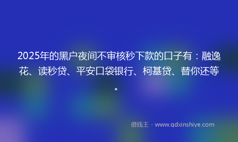 2025年的黑户夜间不审核秒下款的口子有：融逸花、读秒贷、平安口袋银行、柯基贷、替你还等。
