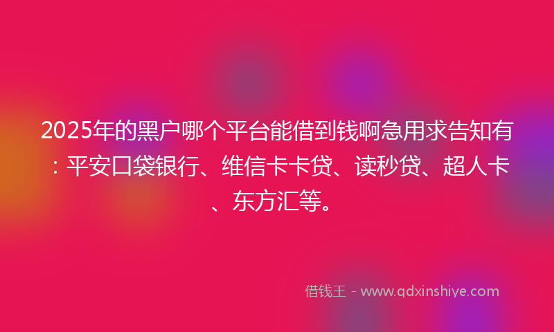 2025年的黑户哪个平台能借到钱啊急用求告知有：平安口袋银行、维信卡卡贷、读秒贷、超人卡、东方汇等。