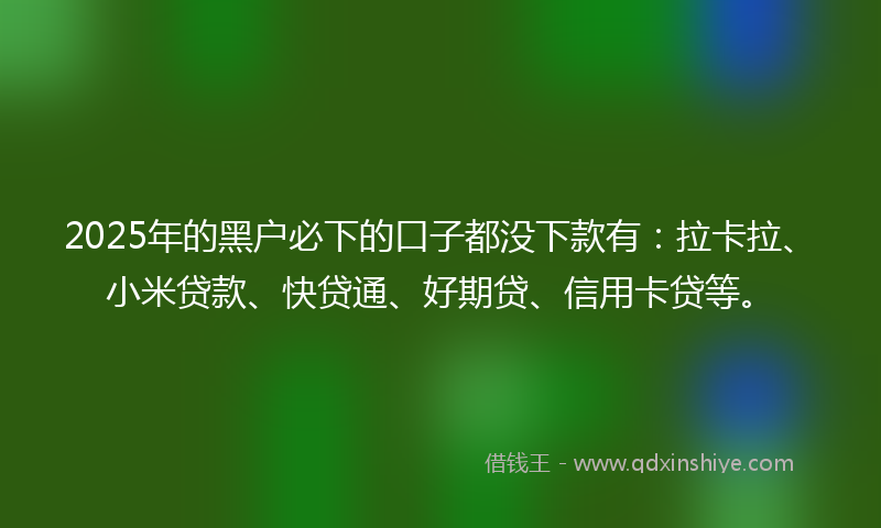 2025年的黑户必下的口子都没下款有：拉卡拉、小米贷款、快贷通、好期贷、信用卡贷等。