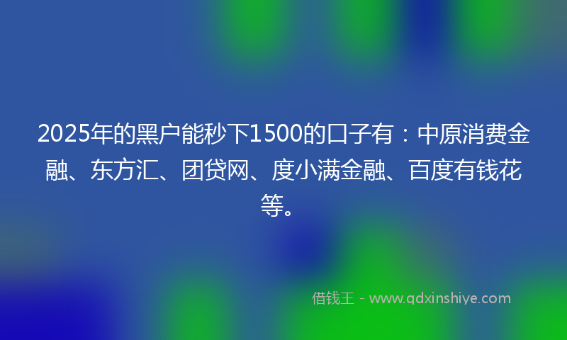 2025年的黑户能秒下1500的口子有：中原消费金融、东方汇、团贷网、度小满金融、百度有钱花等。