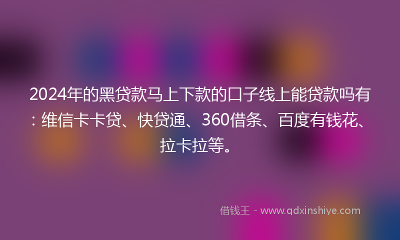 2024年的黑贷款马上下款的口子线上能贷款吗有：维信卡卡贷、快贷通、360借条、百度有钱花、拉卡拉等。