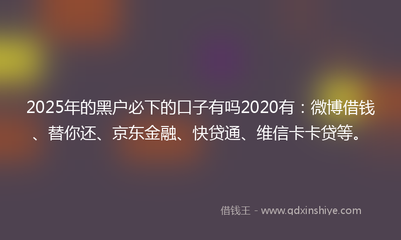 2025年的黑户必下的口子有吗2020有：微博借钱、替你还、京东金融、快贷通、维信卡卡贷等。