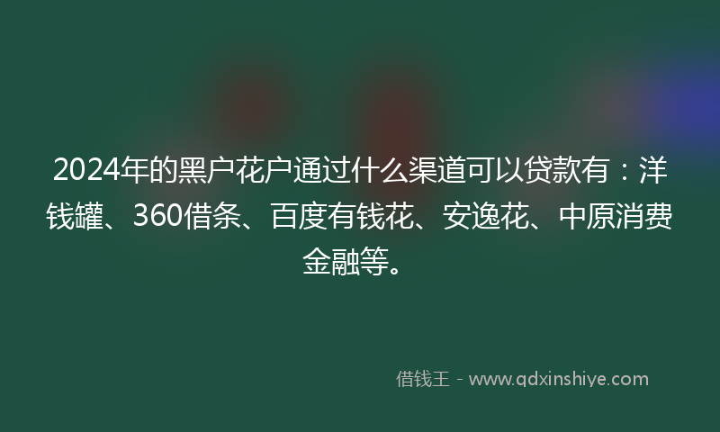 2024年的黑户花户通过什么渠道可以贷款有：洋钱罐、360借条、百度有钱花、安逸花、中原消费金融等。
