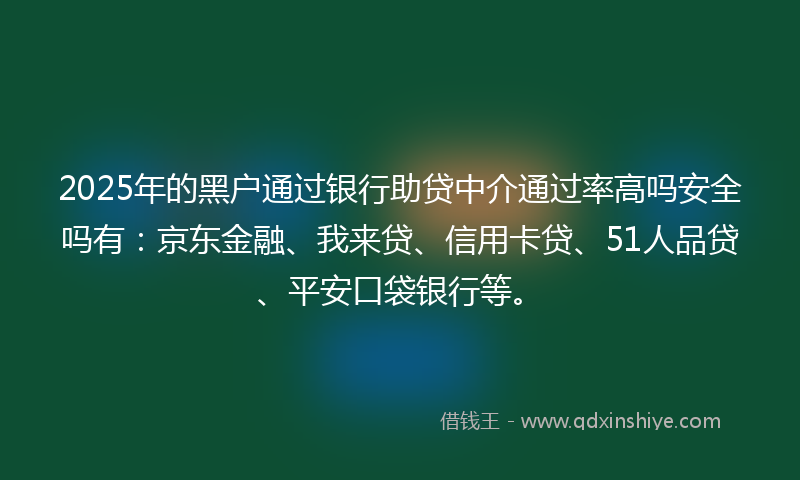 2025年的黑户通过银行助贷中介通过率高吗安全吗有：京东金融、我来贷、信用卡贷、51人品贷、平安口袋银行等。