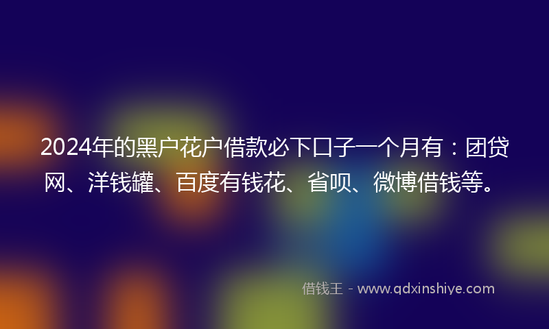 2024年的黑户花户借款必下口子一个月有：团贷网、洋钱罐、百度有钱花、省呗、微博借钱等。
